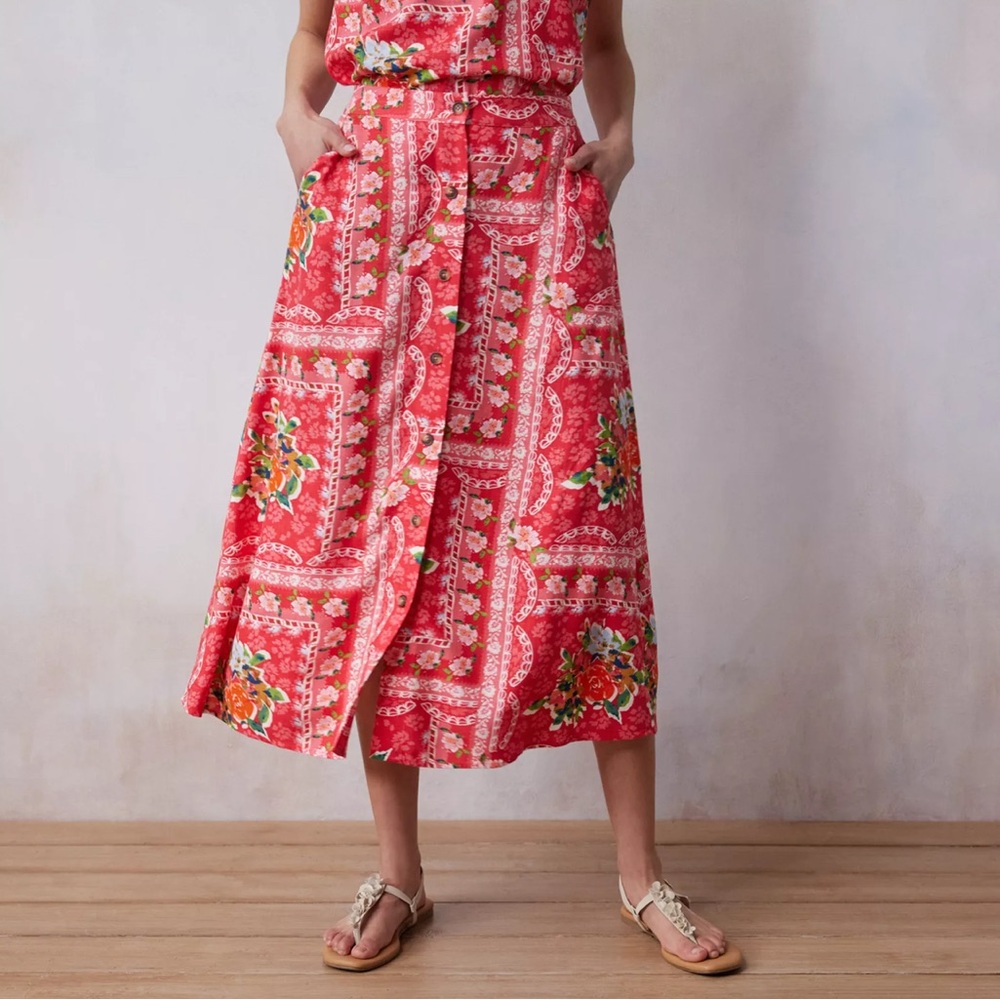 LC Lauren Conrad Red Floral Midi Skirt